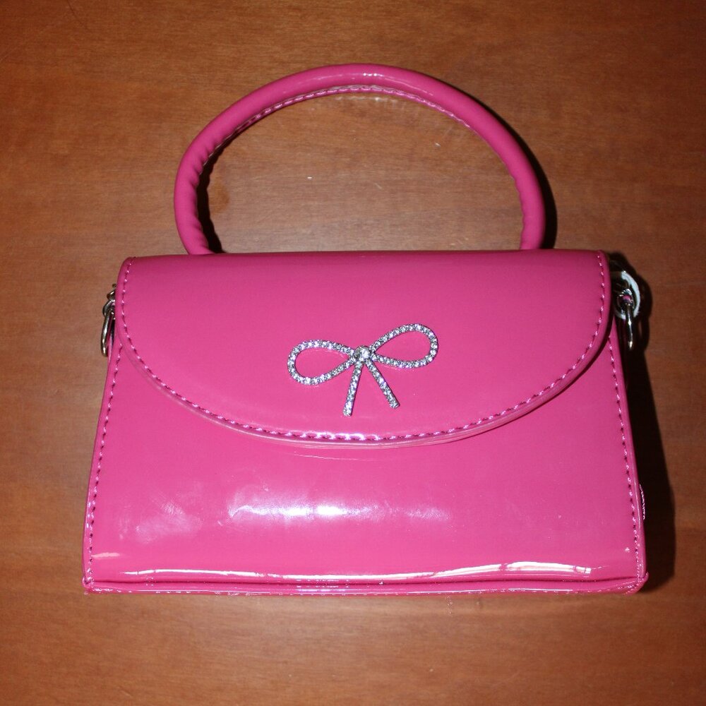 Blush Kiss Patent Leather Bow Crystal Mini Purse w/ Crossbody Chain